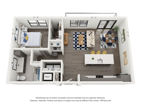Floor plan for 1 bed, 1 bath, 836 sqft